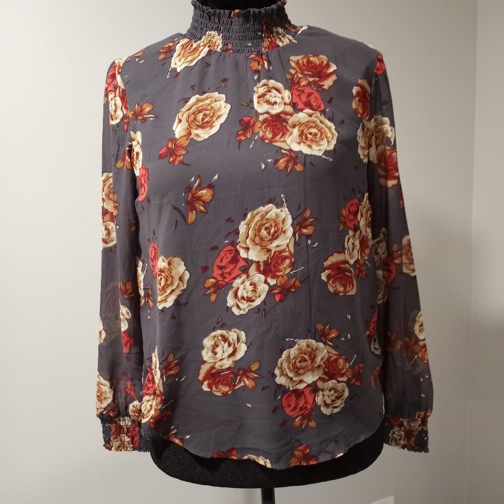 MARISOL BROWN ROFFLED HIGH NECK LONGSLEEVE BLOUSE WOMEN SIZE M
